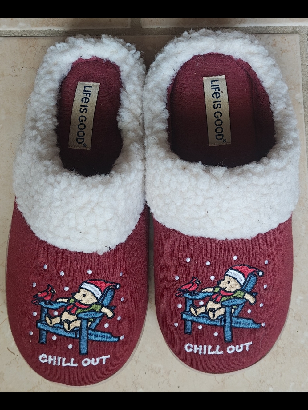 Life Is Good Red 'Chill Out' Sherpa-Lined Winnie The Pooh Slippers Size 7-8